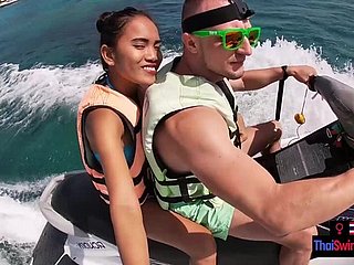 Jetski blowjob in the air elevate d vomit with his real Asian teen girlfriend